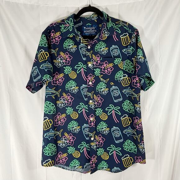 Simply Southern Men’s Hawaiian Button-Down – Blue Pineapple Palm, Medium - Picture 2 of 5